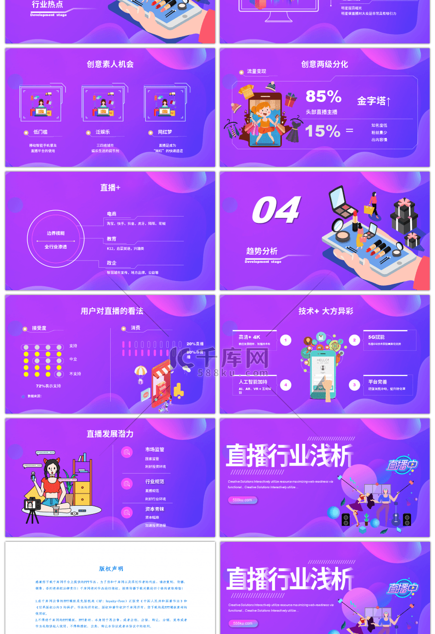 紫色渐变卡通风互联网直播研究报告PPT模板