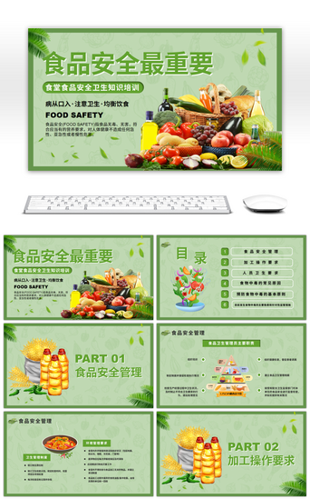 食品手绘PPT模板_绿色卡通学校食堂食品安全卫生知识培训PPT模板