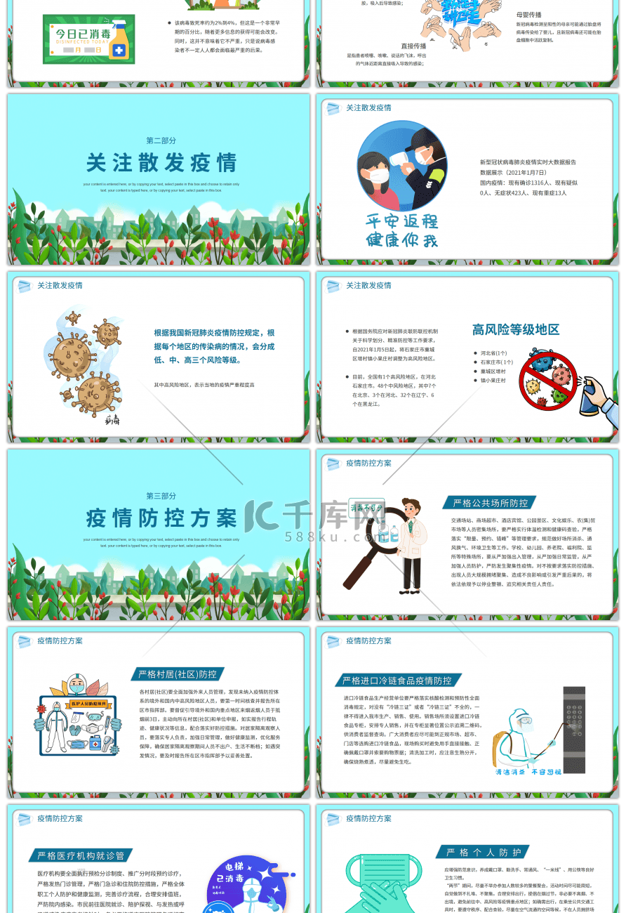 绿色卡通风春节防疫切勿大意PPT模板