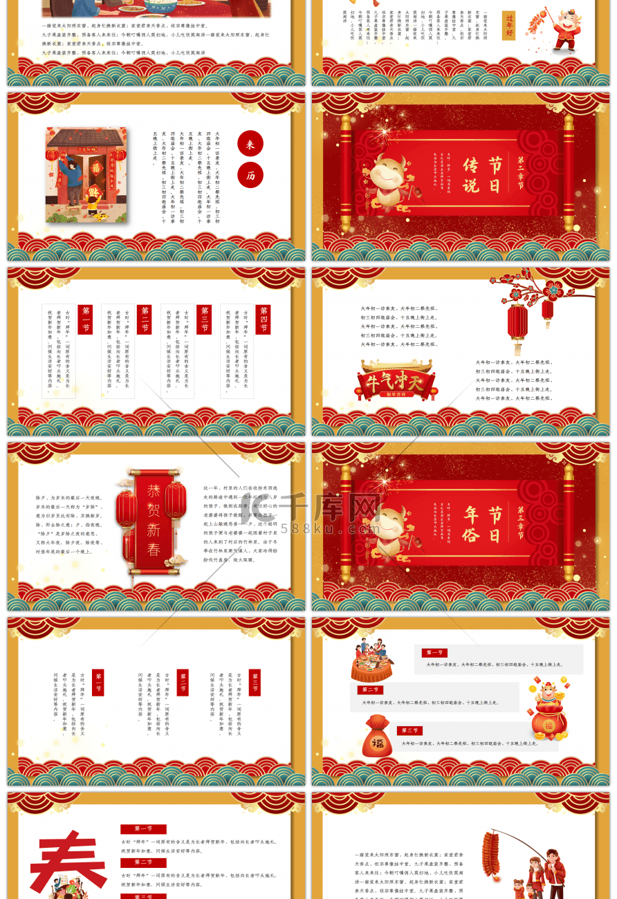 红色中国风卷轴除夕传统节日介绍PPT模板