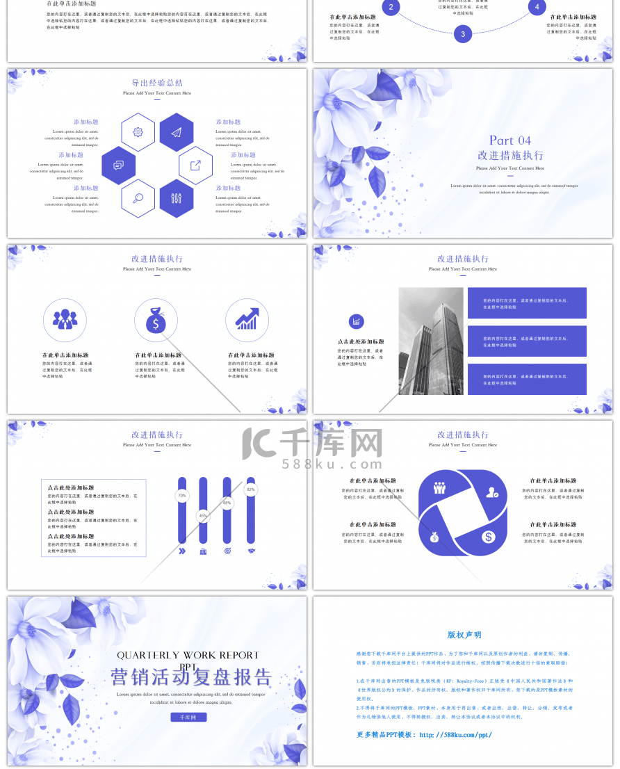 蓝色清新花朵营销活动复盘报告PPT模板