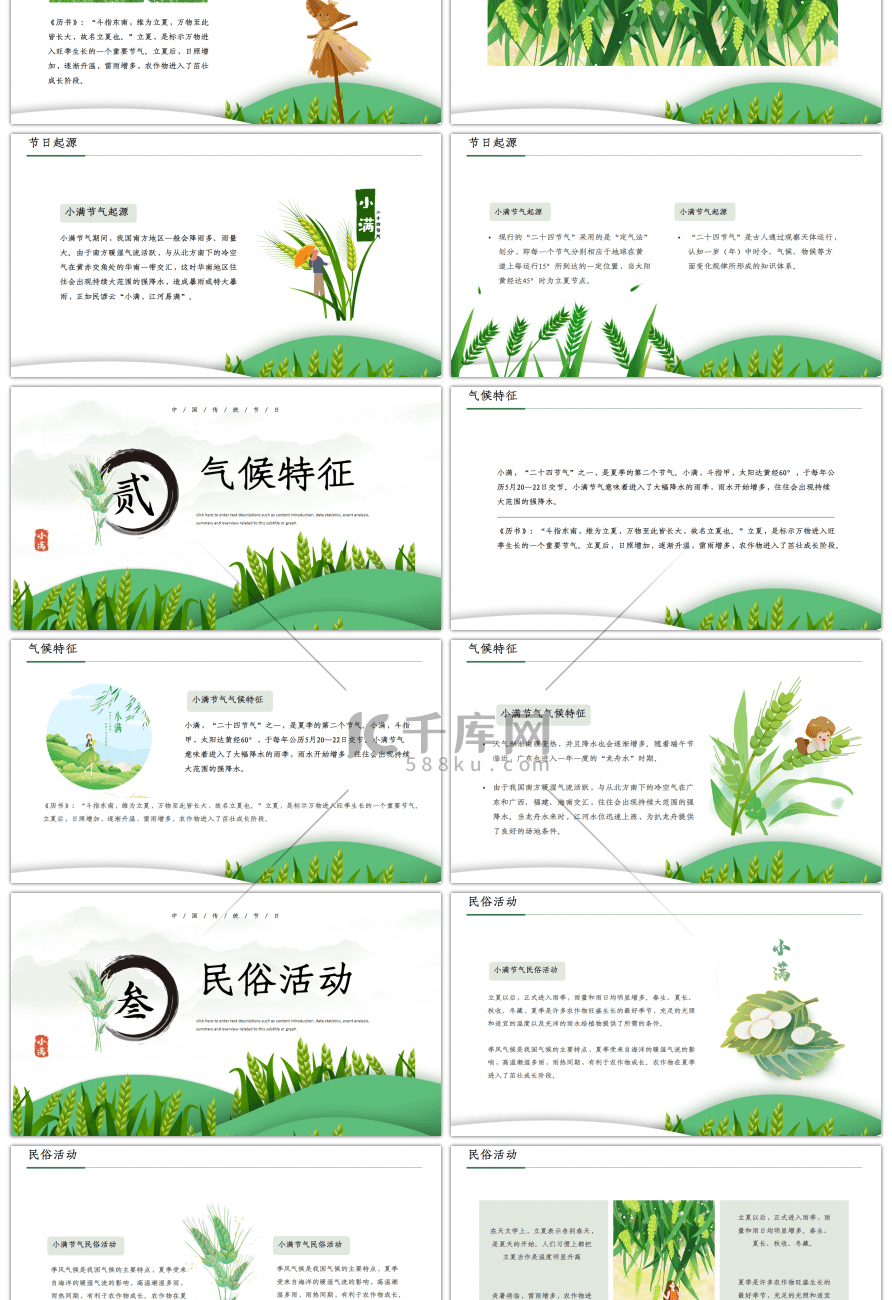 绿色卡通风中国二十四节气之小满节日介绍PPT模板