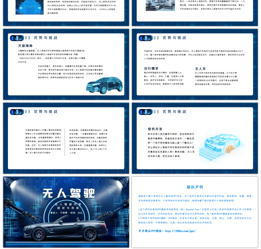 蓝色无人驾驶汽车现状与未来PPT模板