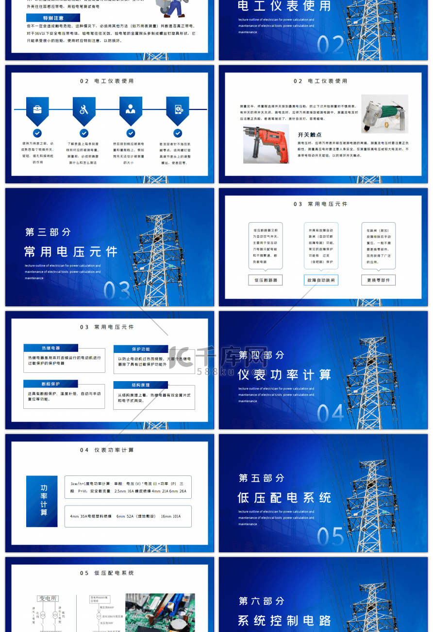 蓝色电工维修电工讲课提纲PPT模板