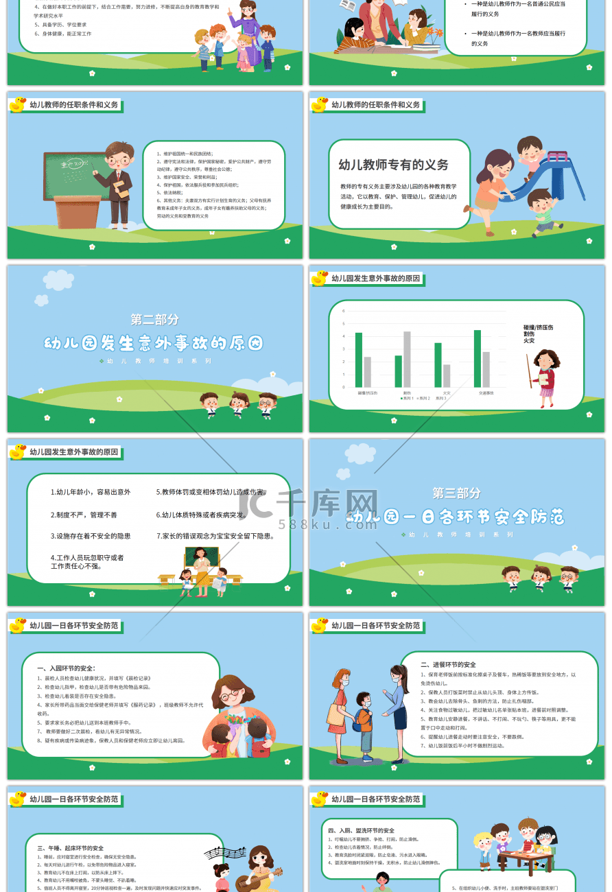 绿色卡通幼儿园教师安全教育培训PPT模板