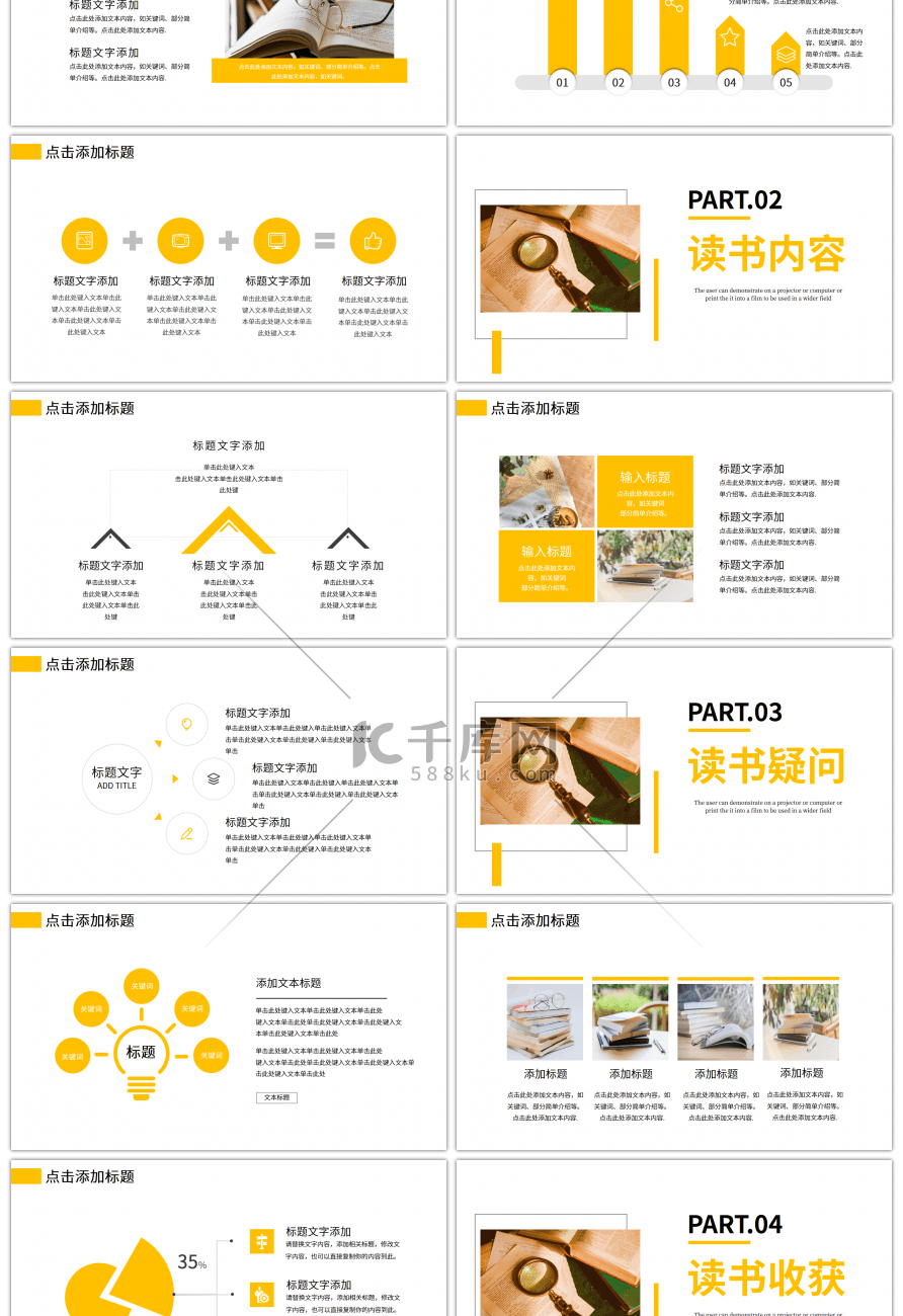 黄色矩形简约通用读书分享PPT模板