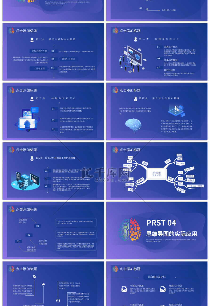 蓝色大脑创意通用思维导图PPT模板