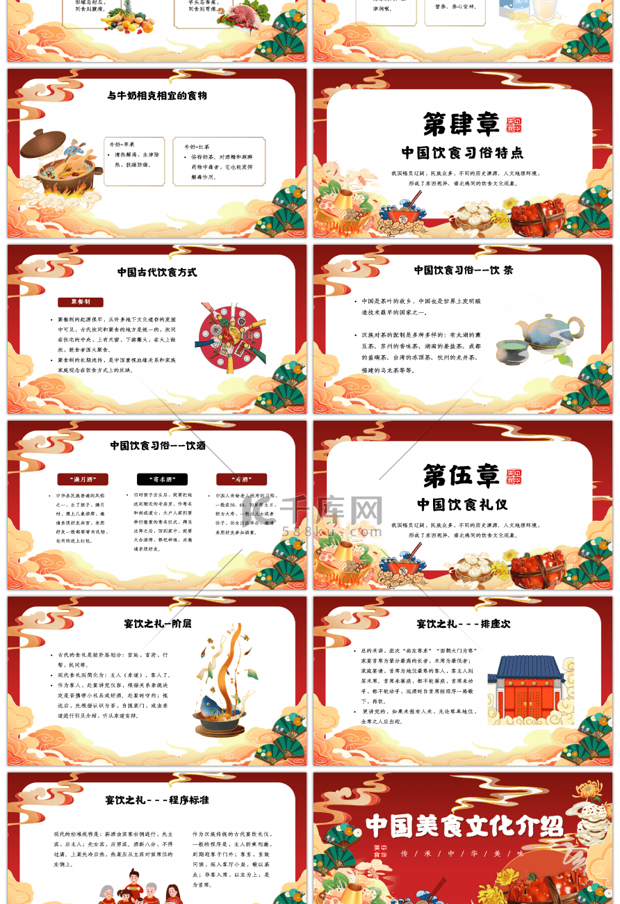 红色国潮中国美食文化介绍PPT模板