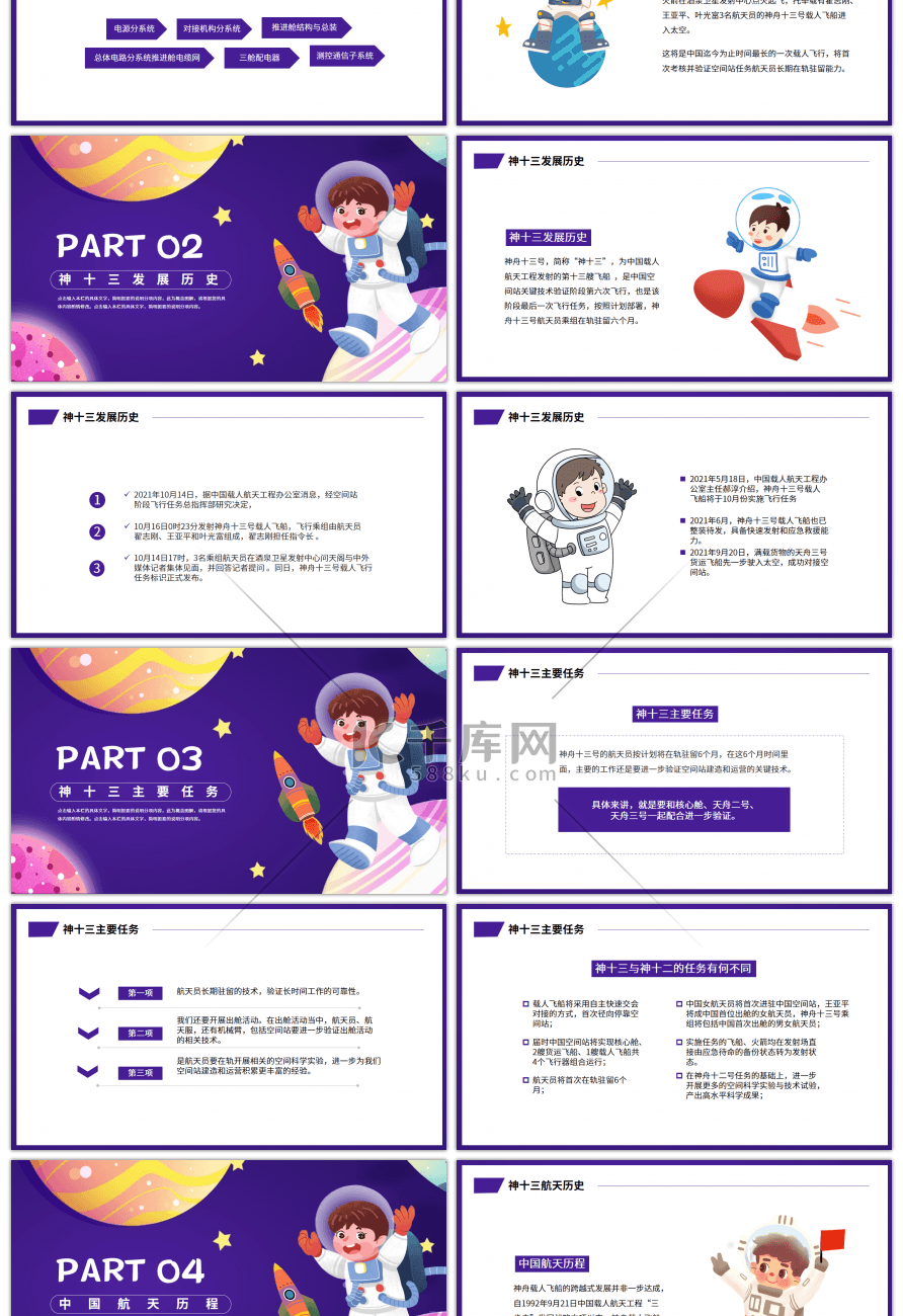 紫色卡通风神舟十三号航天科普知识主题班会PPT模板