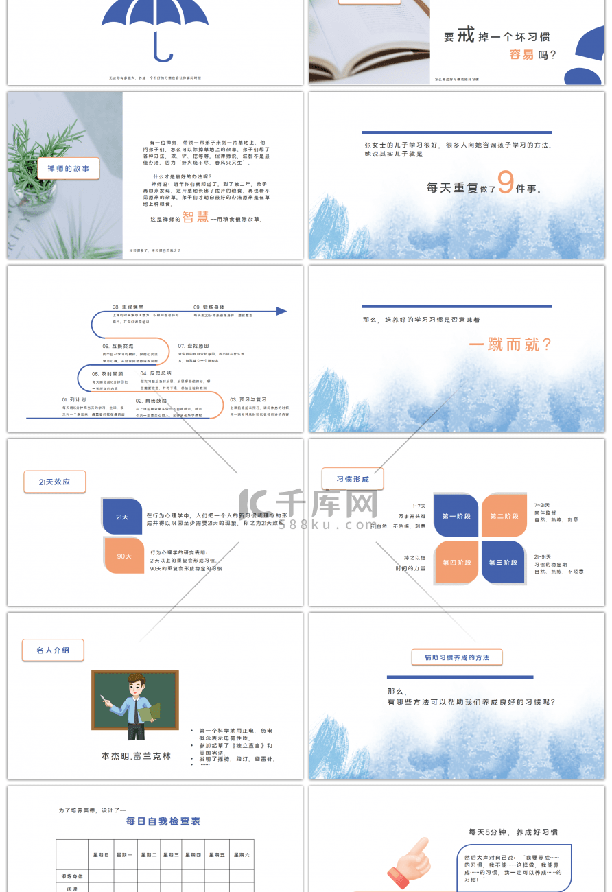 蓝色橙色简约习惯的力量主题班会PPT模板