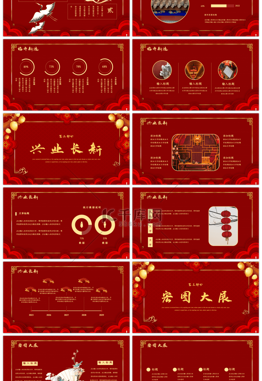 红色喜庆中国风新年开门大吉PPT模板