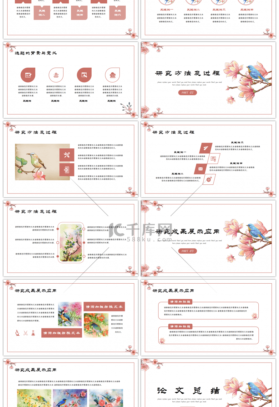 水彩花鸟中国风毕业答辩开题通用PPT模板