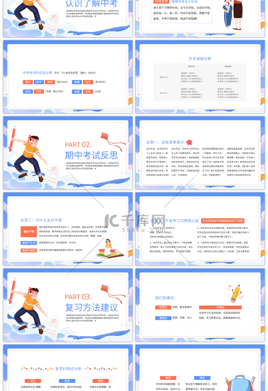 中考加油初三毕业班家长会蓝色卡通PPT模