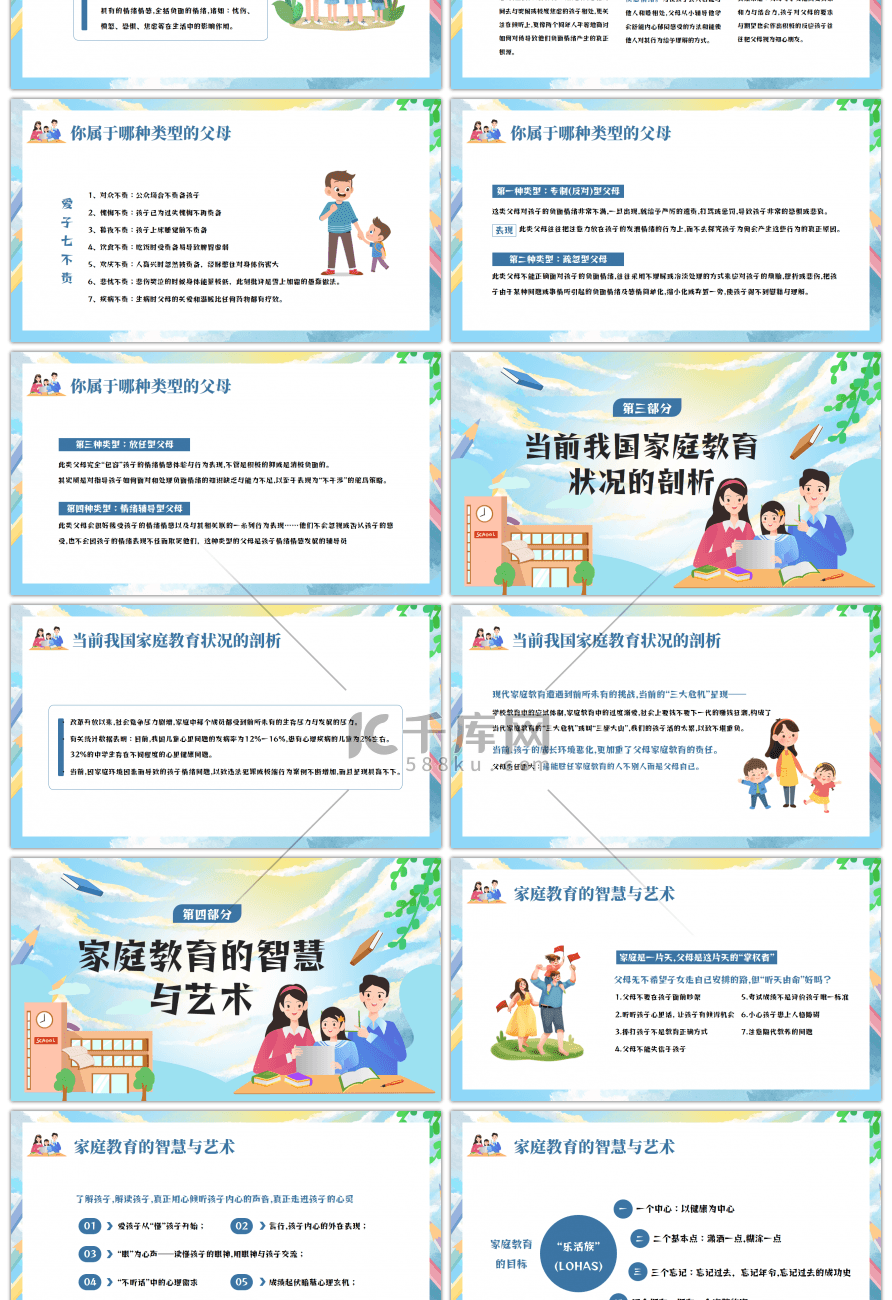 卡通风国际家庭日家庭教育家长会PPT模板