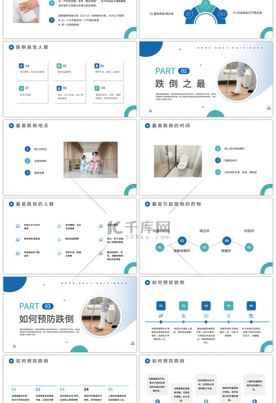 蓝色医疗护理跌倒坠床健康宣教PPT模板