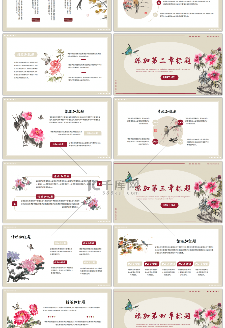 复古花鸟牡丹中国风文史教学通用PPT模板