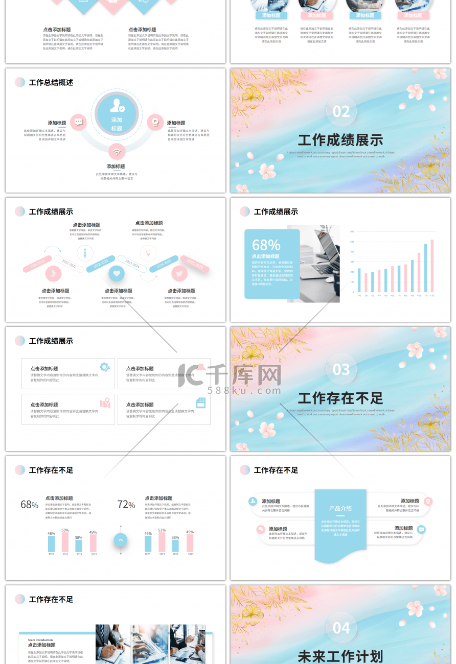 蓝色粉色渐变小清新工作述职汇报PPT模板