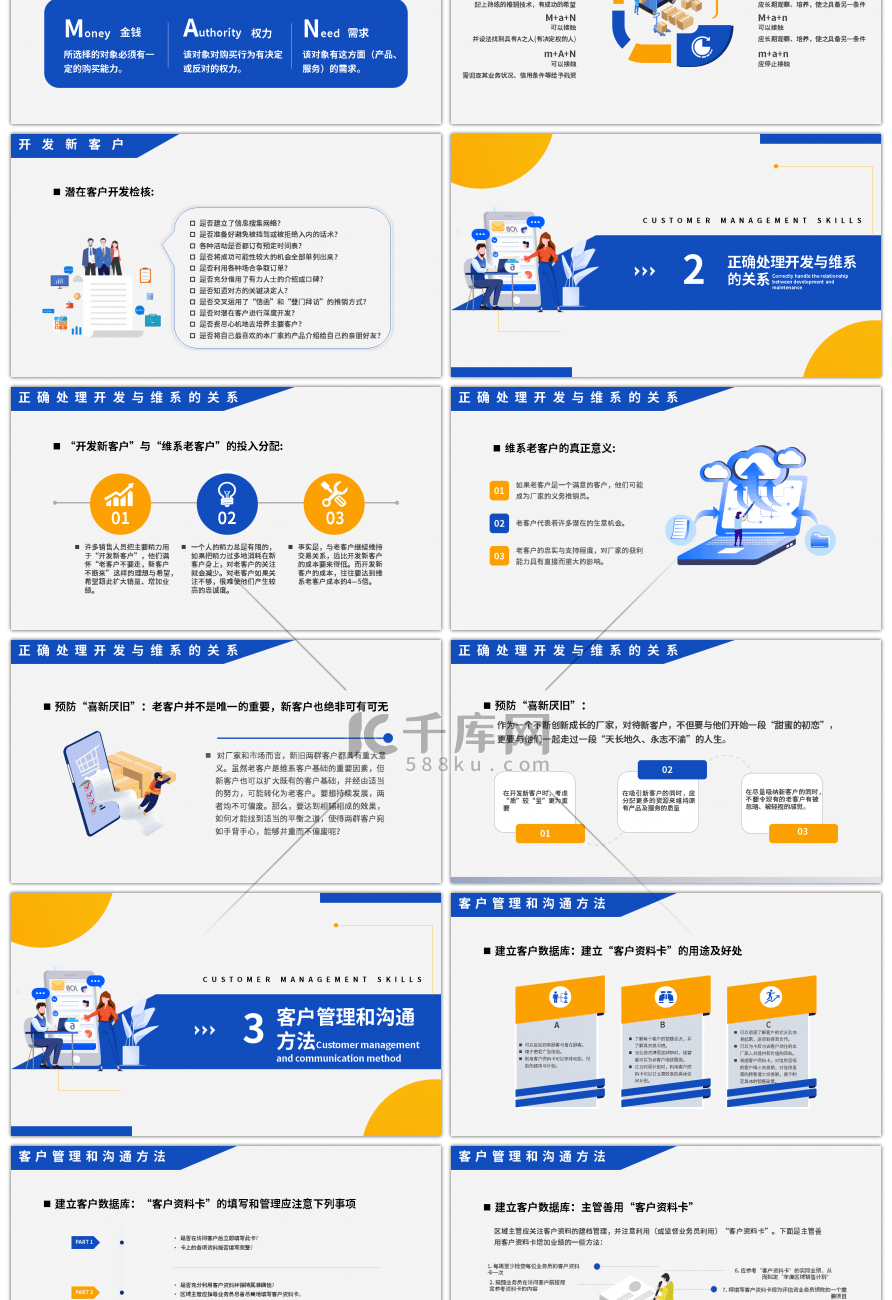 蓝黄撞色企业客户管理技巧PPT模板