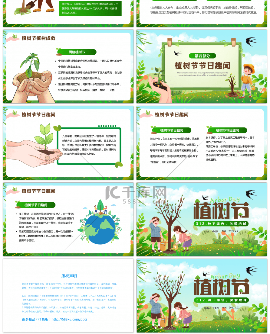 绿色卡通风植树节知识科普PPT模板