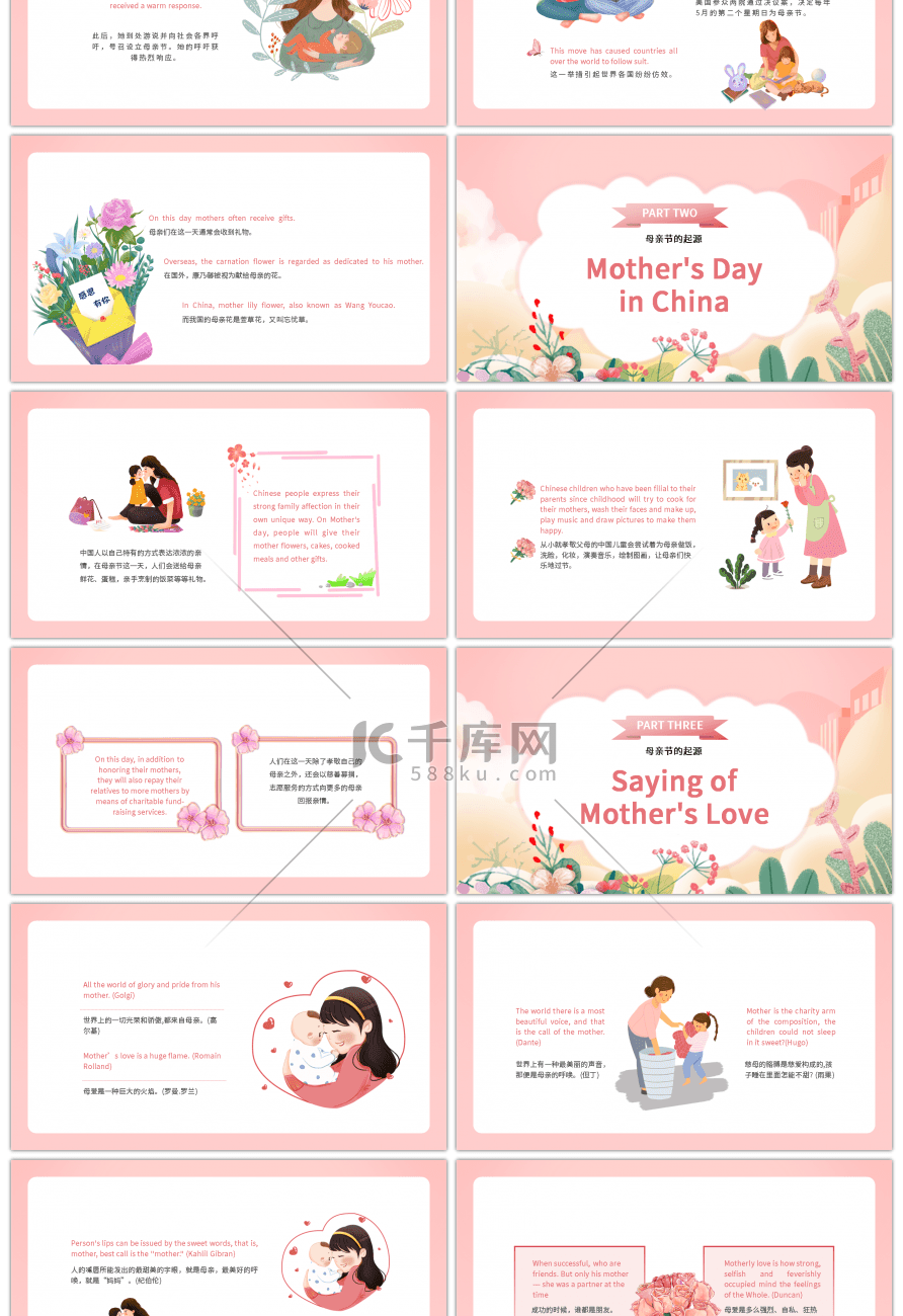 粉色卡通温馨母亲节英文介绍PPT课件