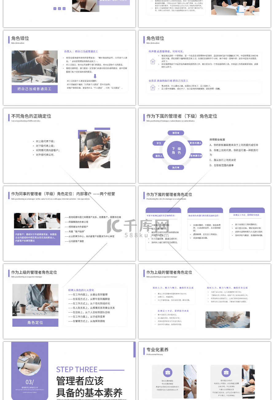 紫色简约商务管理者的角色认知PPT模板