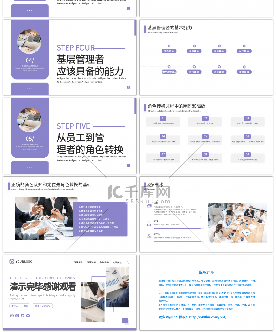 紫色简约商务管理者的角色认知PPT模板