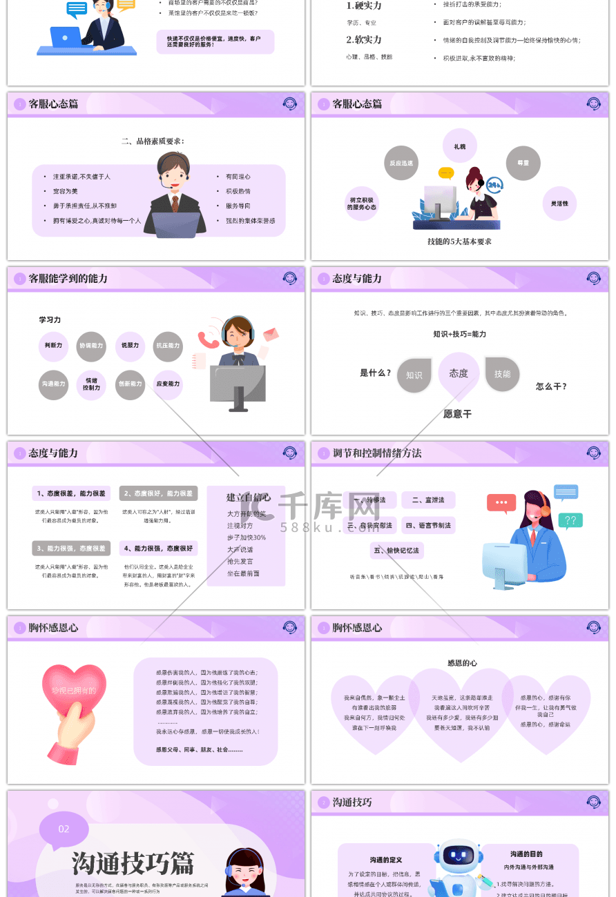 紫色卡通风客服的心态及沟通技巧PPT