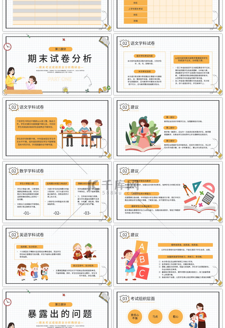 黄色简约卡通期末考试成绩质量分析教研会P幻灯片