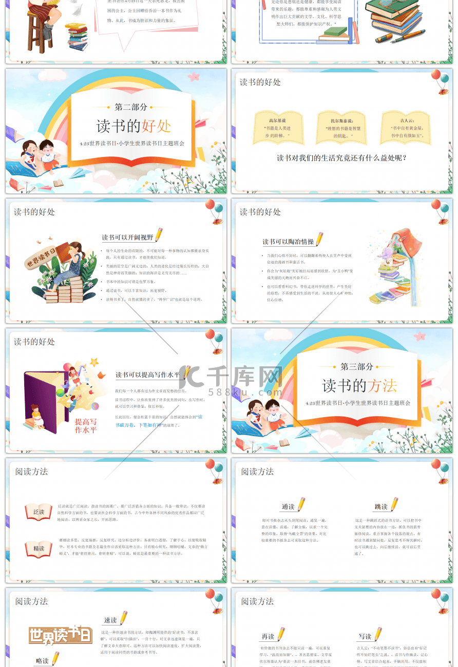 橙色卡通小学生世界读书日PPT模板