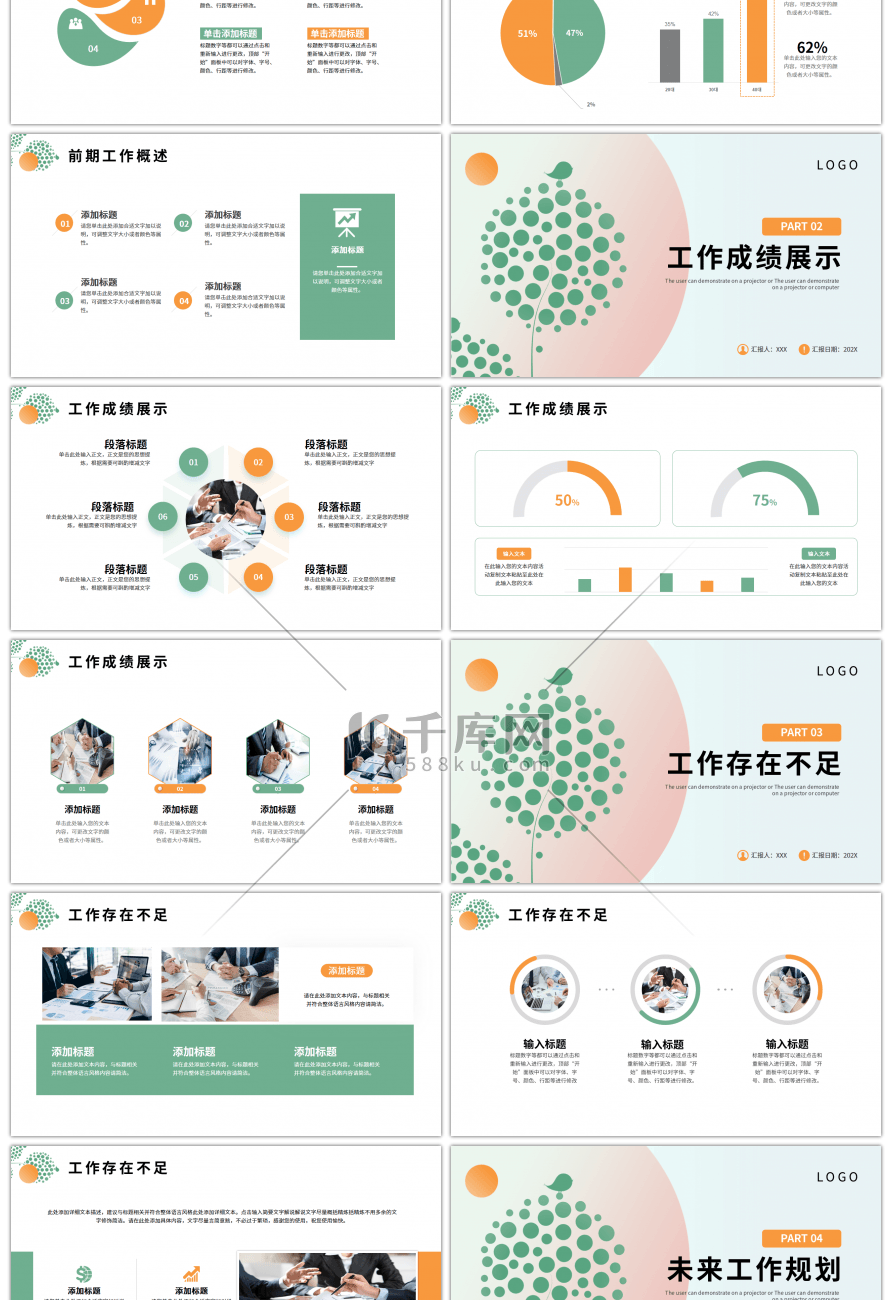 绿色橙色小清新工作述职报告PPT模板