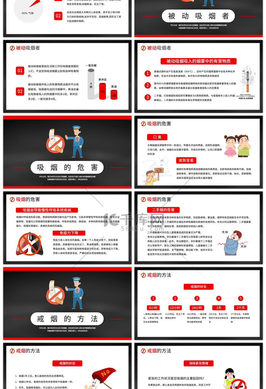 红色卡通风控烟社会共治无烟环境共享PPT