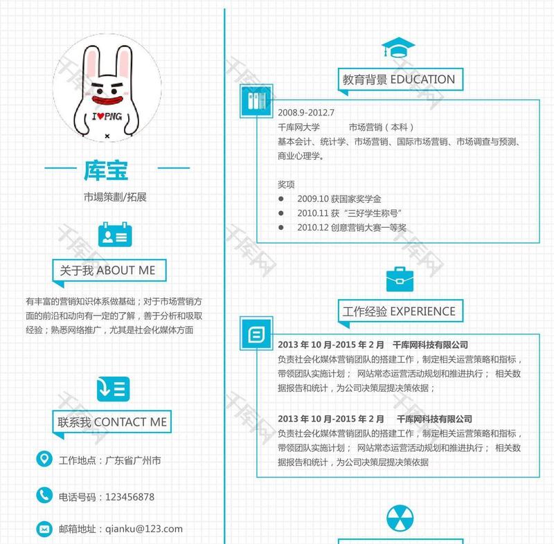 蓝白简约风格求职大学生招聘简历通用模板