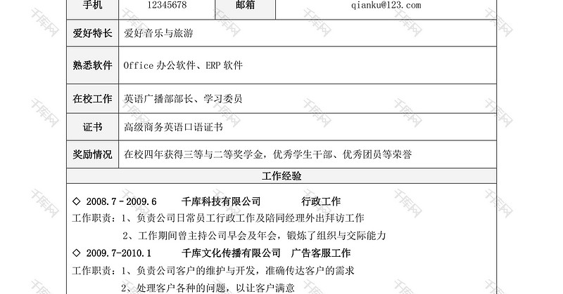 标准表格市场营销Word求职简历