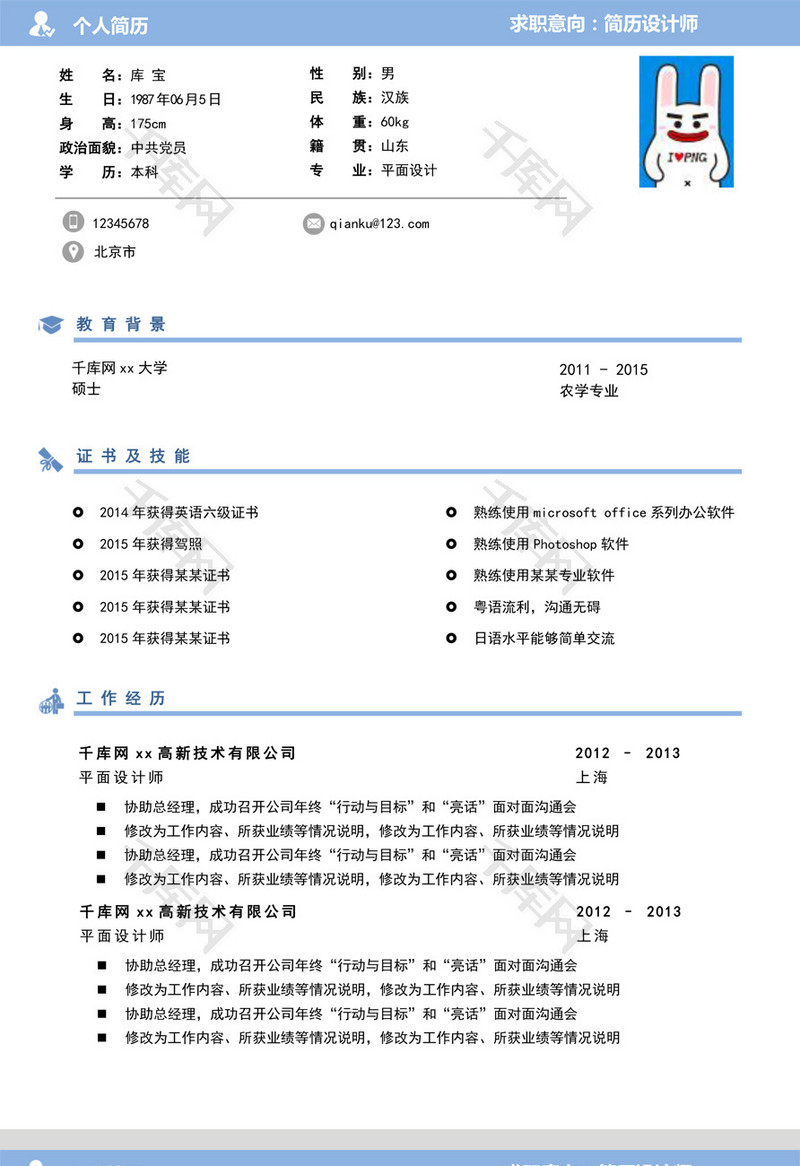 蓝色创意设计多页求职简历