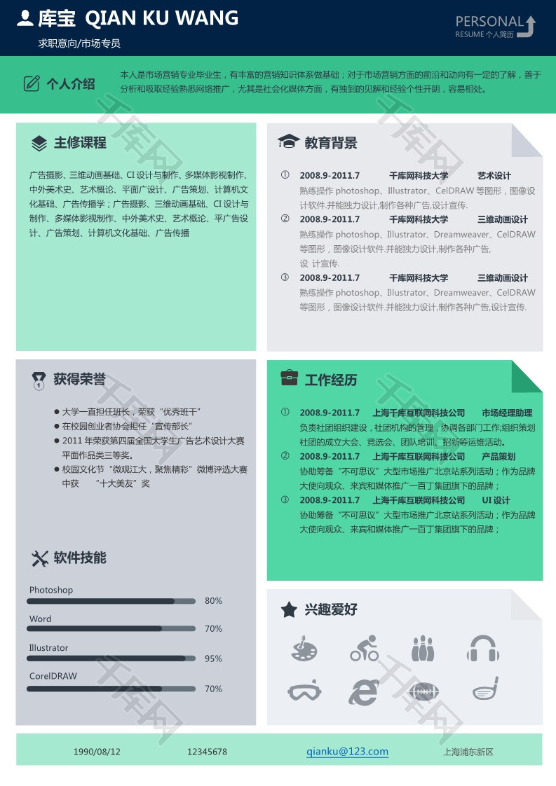 绿色简约风市场专员市场营销大学生求职简历