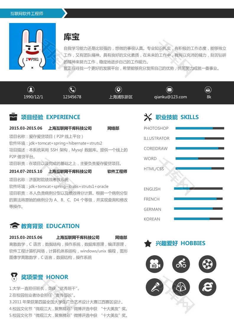 蓝色简约风格软件工程师大学生求职简历