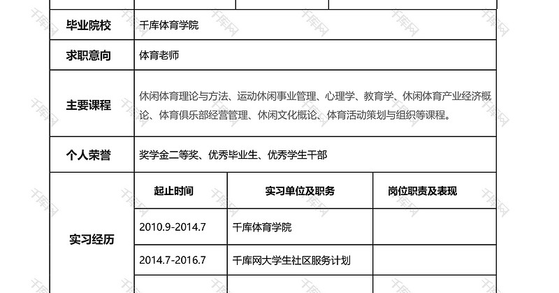 简约大气的体育老师教师类表格Word简历