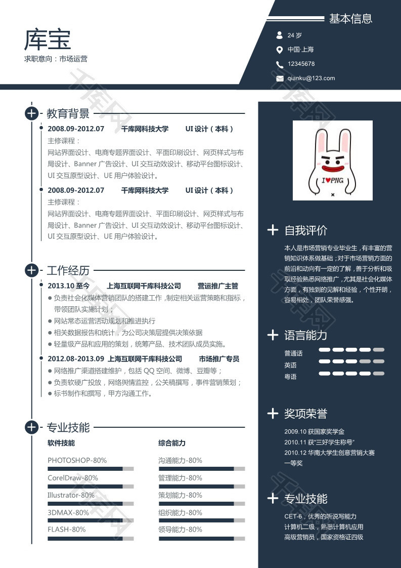 蓝色简约风格市场营销专业大学生求职简历