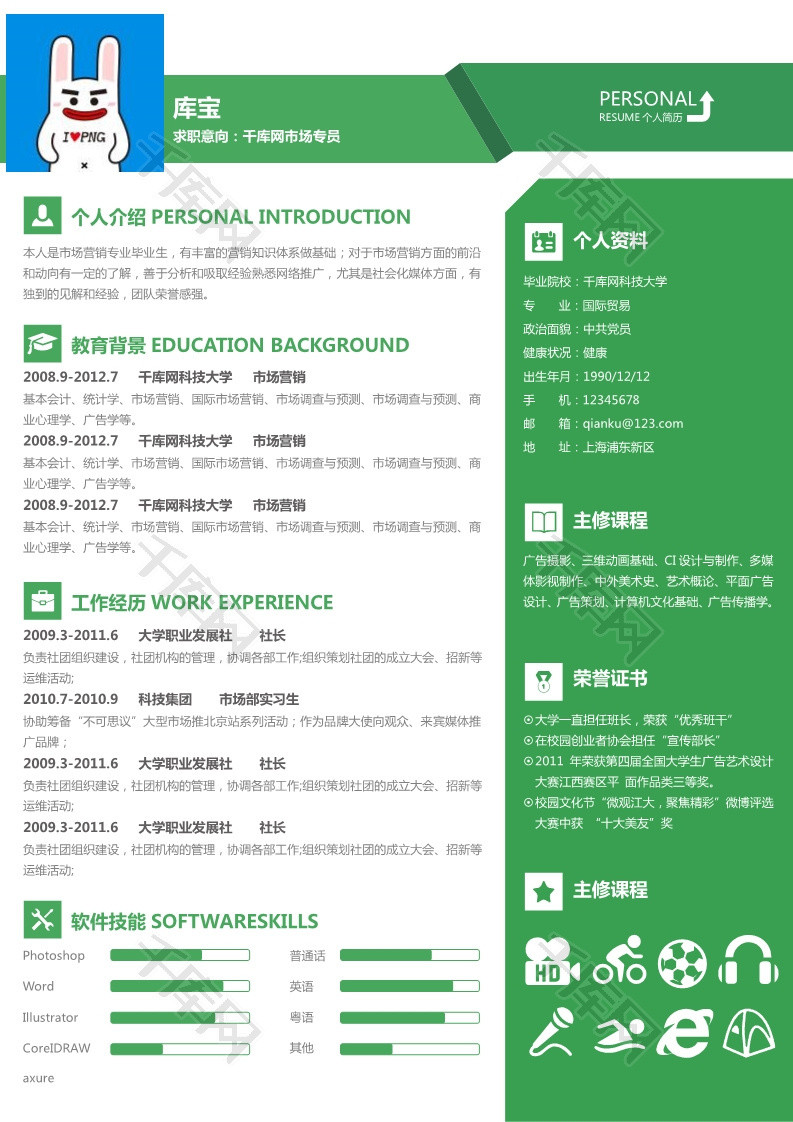 绿色简约风格市场专员大学生求职简历模板