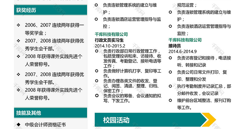 黄绿色沉稳大气企业管理行政管理类求职简历