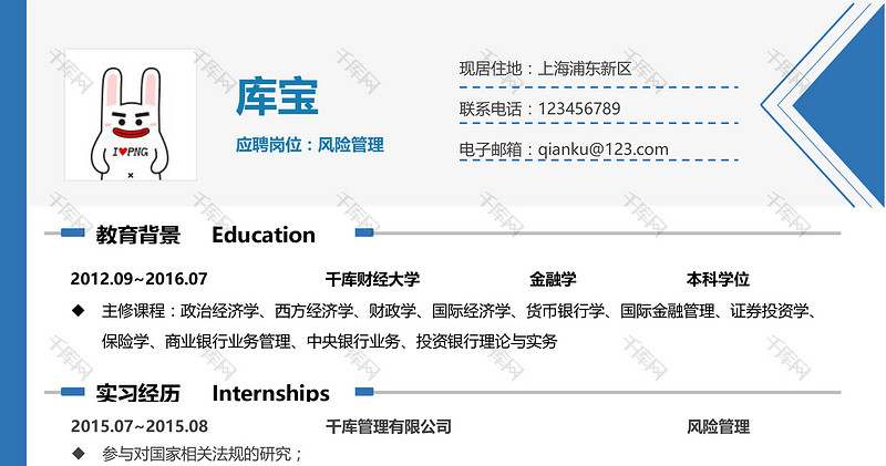 蓝色简约时尚大气投资管理风险管理简历