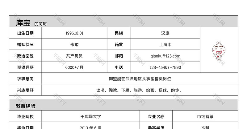 极简风销售类工作求职个人简历word模板