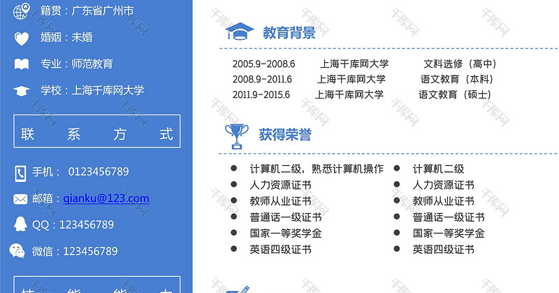 蓝色简洁教师个人求职简历word模板