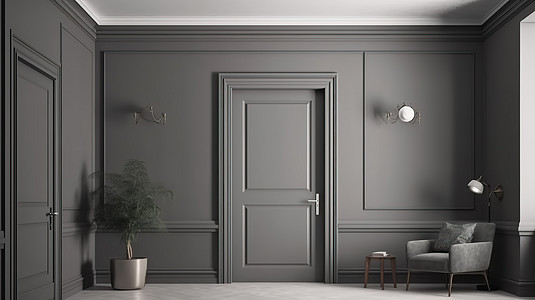 灰色房子背景图片_灰色墙壁模型 3D 渲染家庭内部与公寓入口门