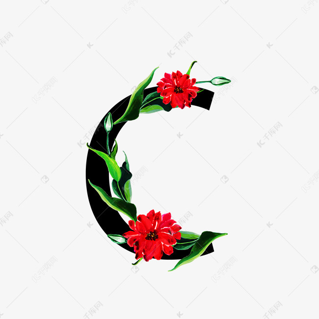 无衬线体字母C中国风花朵装饰