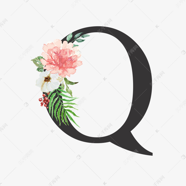 千库艺术文字频道为创意婚礼季字母q浪漫花朵艺术字体提供免费下载