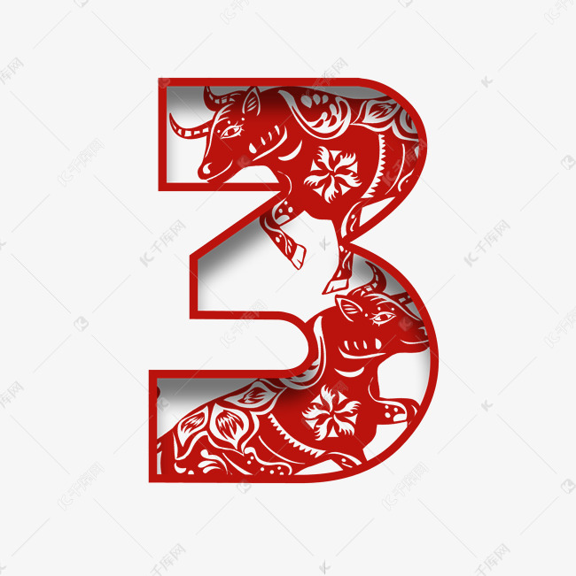 作者自己创作的艺术字体  中国风红色剪纸牛年数字3艺术字2020-10-17