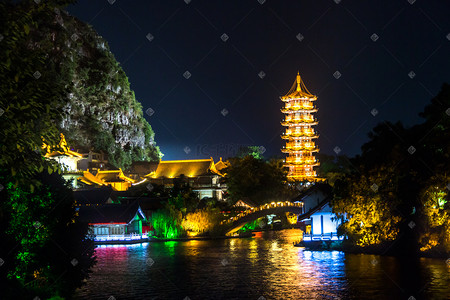 桂林两江四湖景点木龙湖夜景