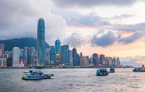 夕阳风光摄影照片_香港维多利亚港晚霞摄影图