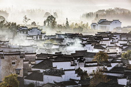 圆形中式水墨边框摄影照片_水墨徽派村庄摄影图